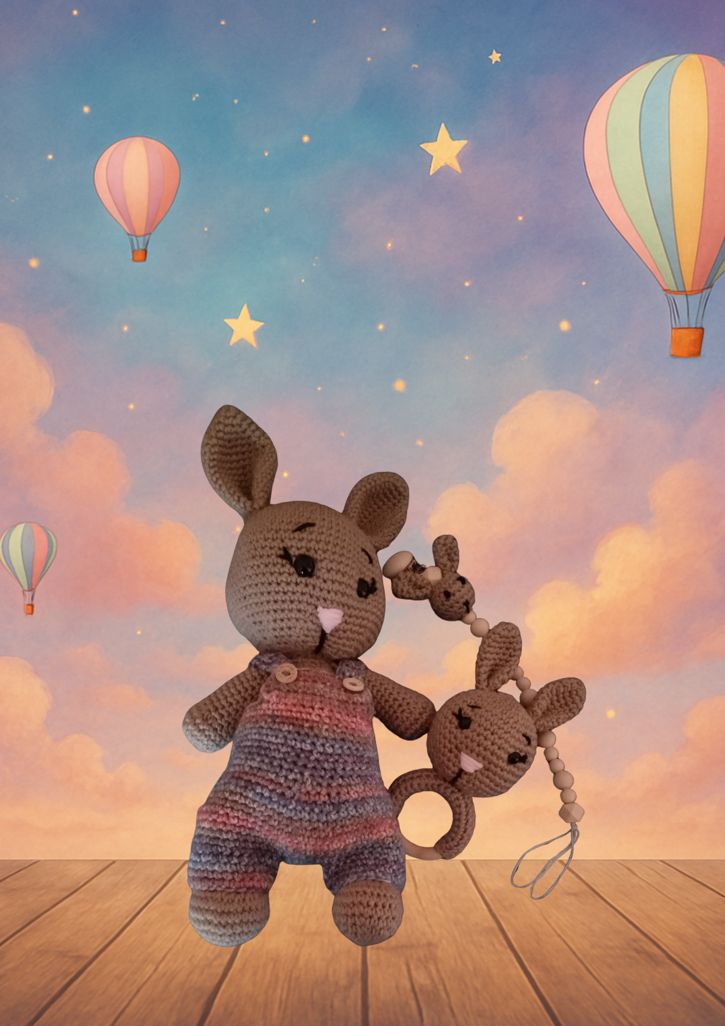 Colourful Bunny Baby Gift Set – Crochet Toy, Rattle & Dummy Clip